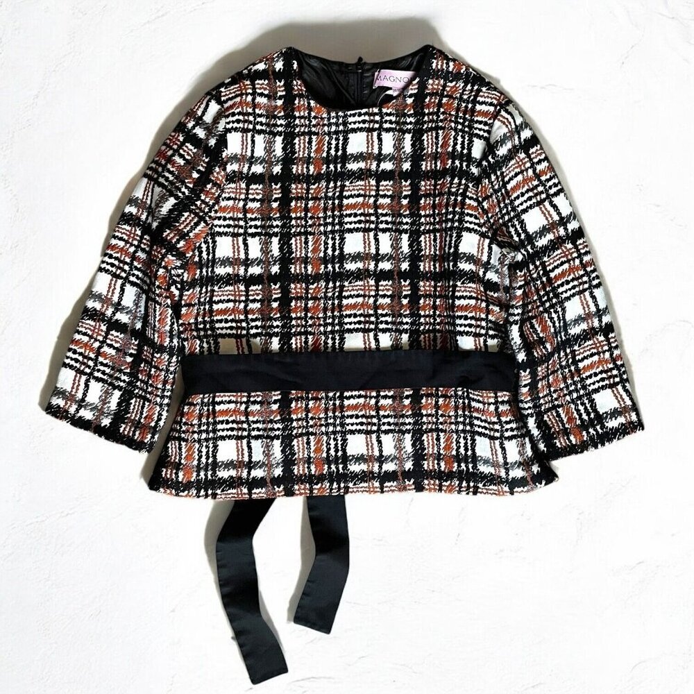 Magnolia Preppy Twee Jacquard Blouse Womens XL Sash Belt Academia Preppy Plaid